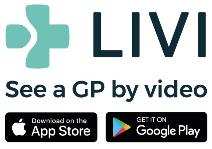 LIVI logo with google play and apple app store stickers